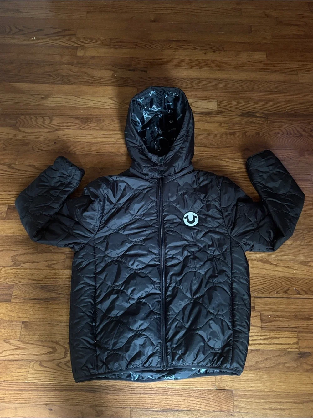 True Religion Black Quilted Hooded Jacket with Logo Lining